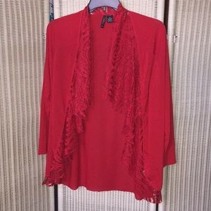 Red Knit Cardigan with Ruffled Lace Collar